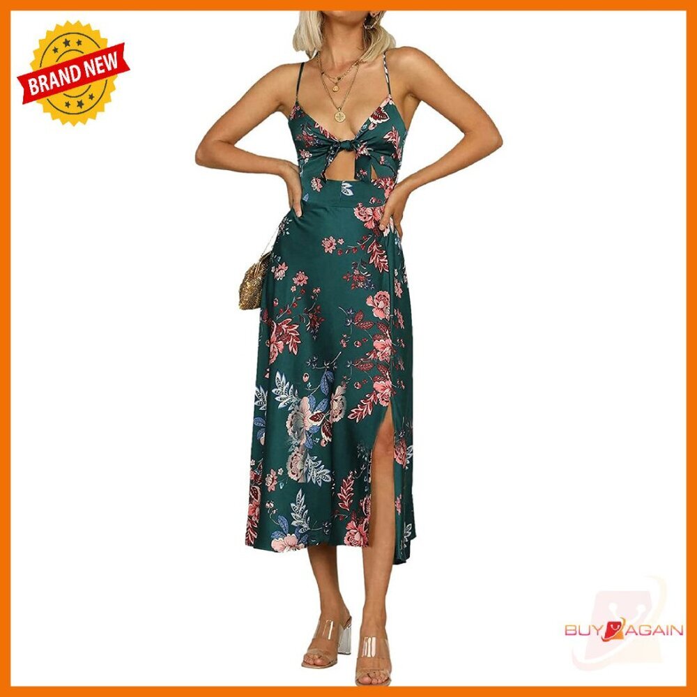 Spaghetti Strap Midi Satin Dress Backless Split Tie Front Flowy